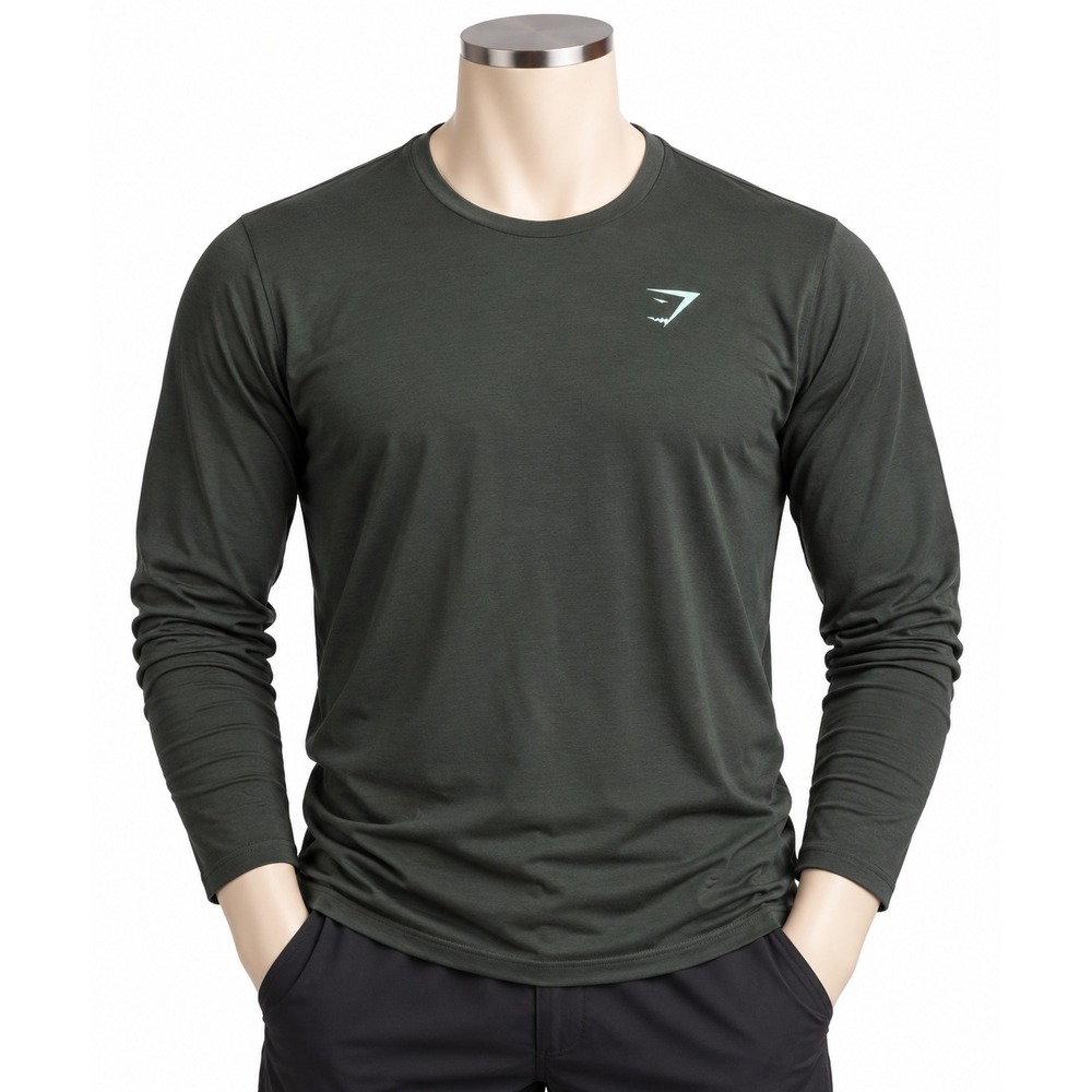 Gymshark Mens Long Sleeve Performance Shirt Dark Green Muscle Fit Size M